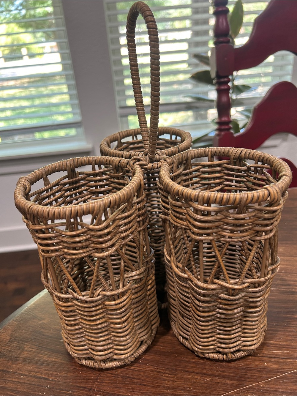 Rattan 3 Bottle Wine Holder/Utensil Caddy